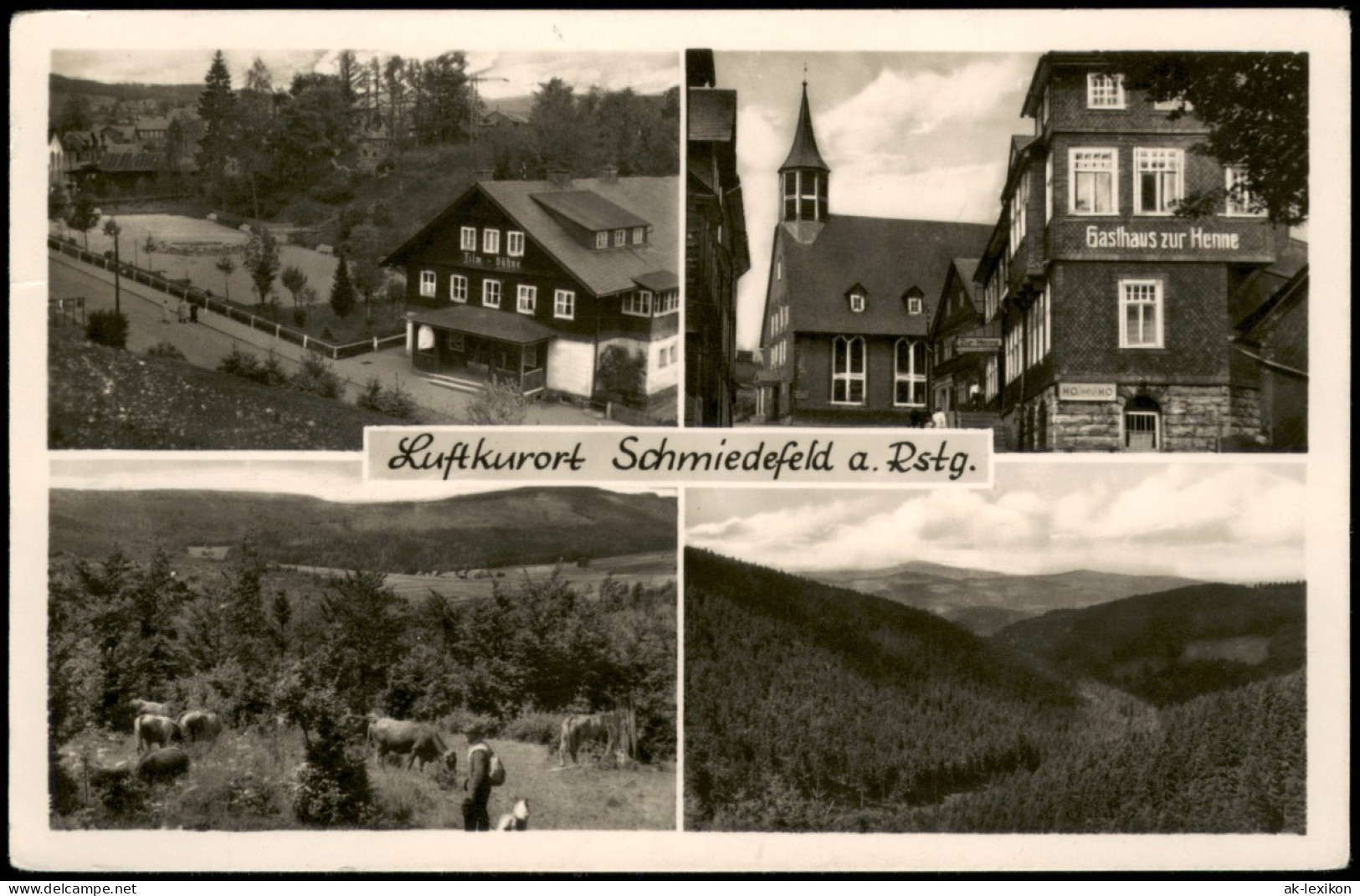 Ansichtskarte Schmiedefeld (Rennsteig) 4 Bild Gasthof, Umlandansichten 1957 - Schmiedefeld