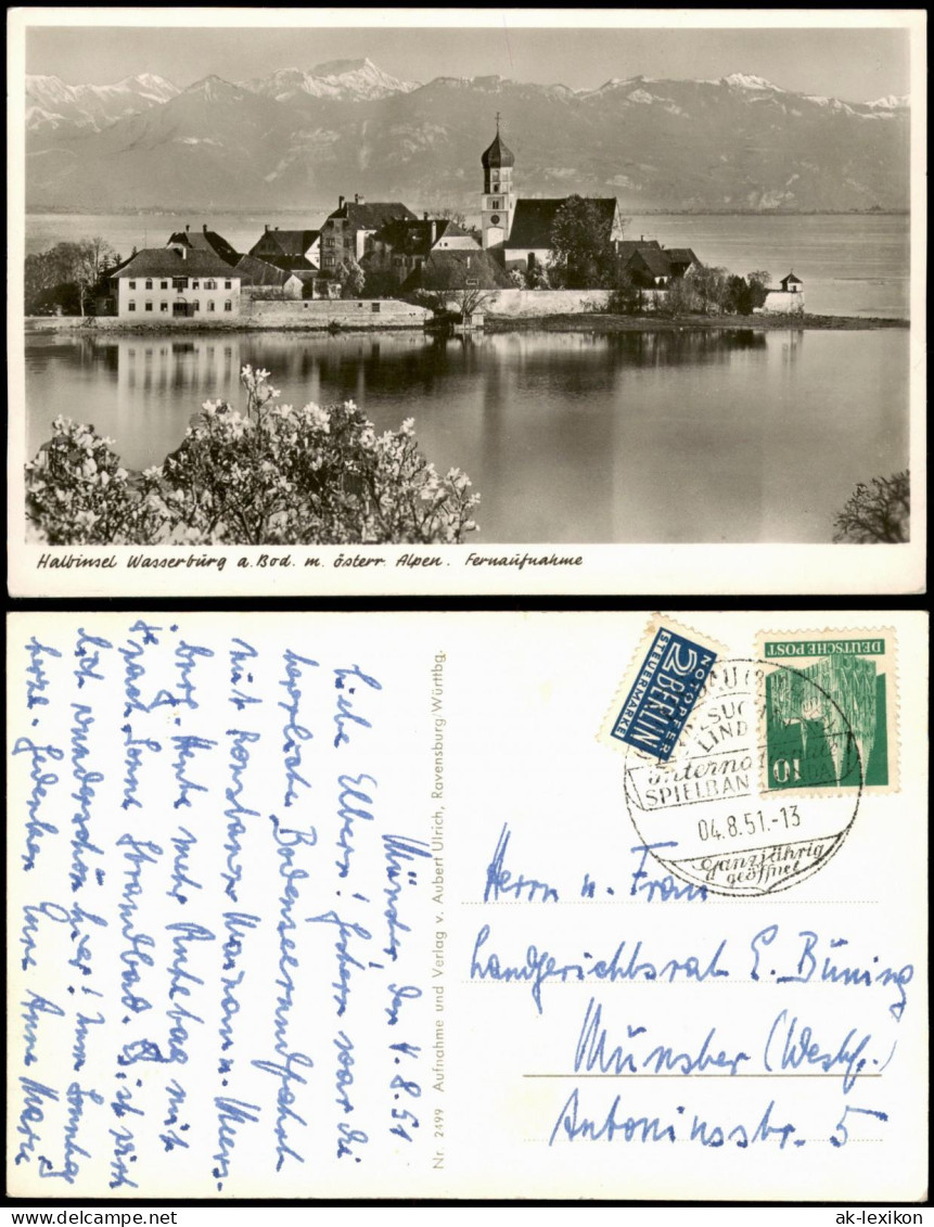 Ansichtskarte Wasserburg Am Bodensee Blick Auf Stadt Und Alpen 1951 - Wasserburg A. Bodensee