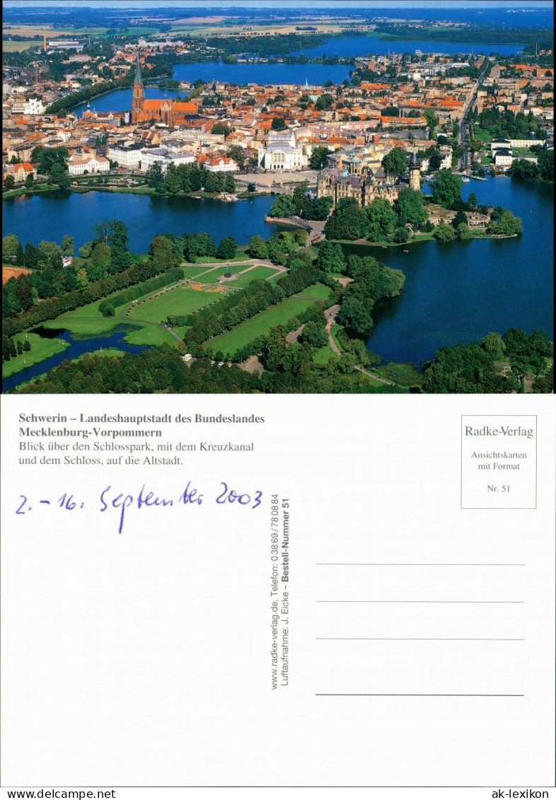 Ansichtskarte Schwerin Luftbild: Schloss, Kirche, Seen, Industrie 2003 - Schwerin