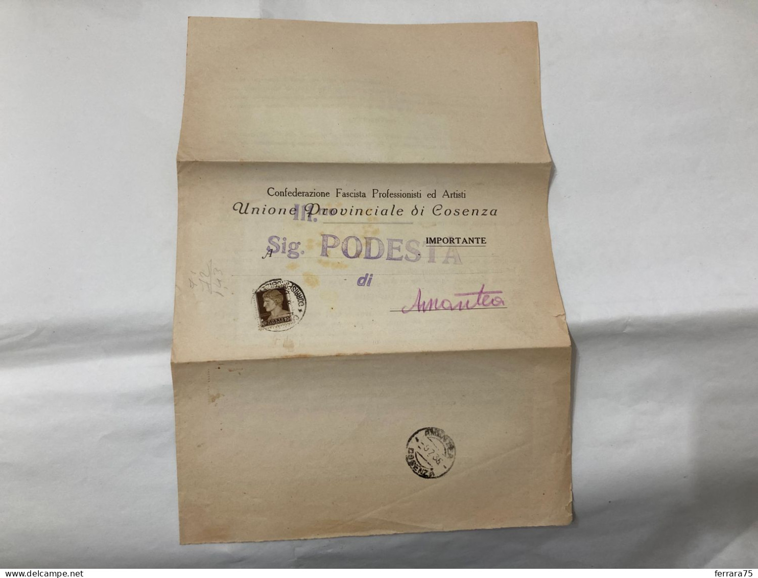 DOCUMENTO STORIA POSTALE CONFEDERAZIONE PROFESSIONISTI COSENZA VS AMANTEA 1935. - Historische Dokumente