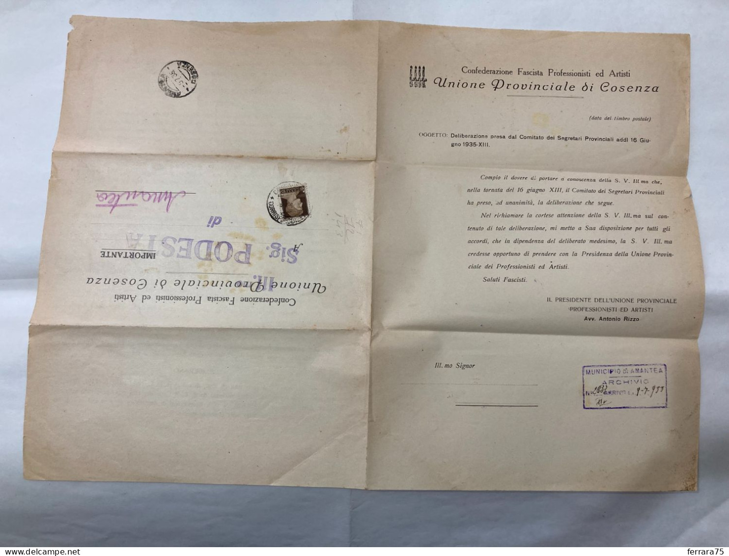 DOCUMENTO STORIA POSTALE CONFEDERAZIONE PROFESSIONISTI COSENZA VS AMANTEA 1935. - Historische Dokumente