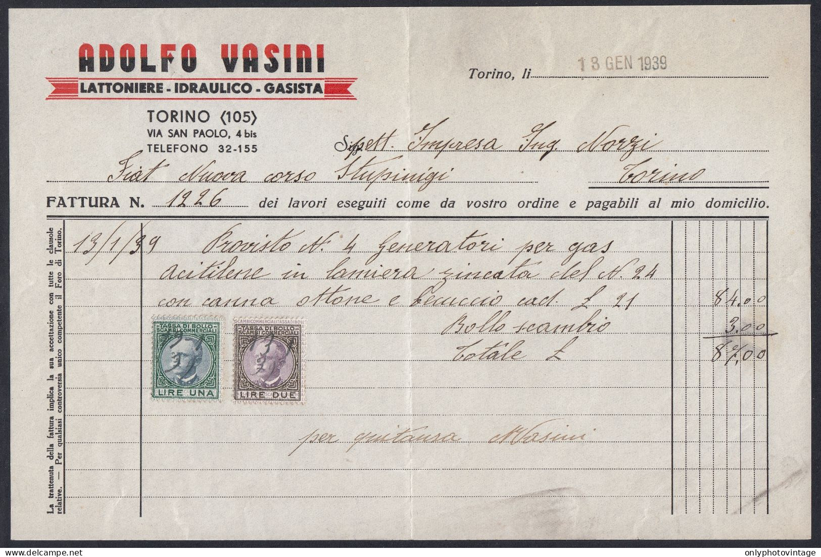 FT0802 Torino 1939, Adolfo Vasini, Idraulico, Gasista, Fattura, Marche Da Bollo, Invoice - Italie