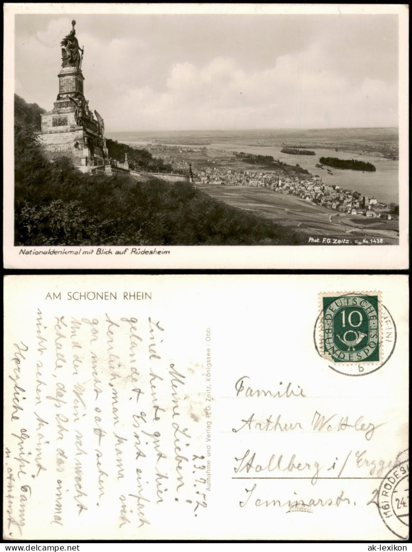 Ansichtskarte Rüdesheim (Rhein) National-Denkmal Und Stadt - Fotokarte 1952 - Ruedesheim A. Rh.