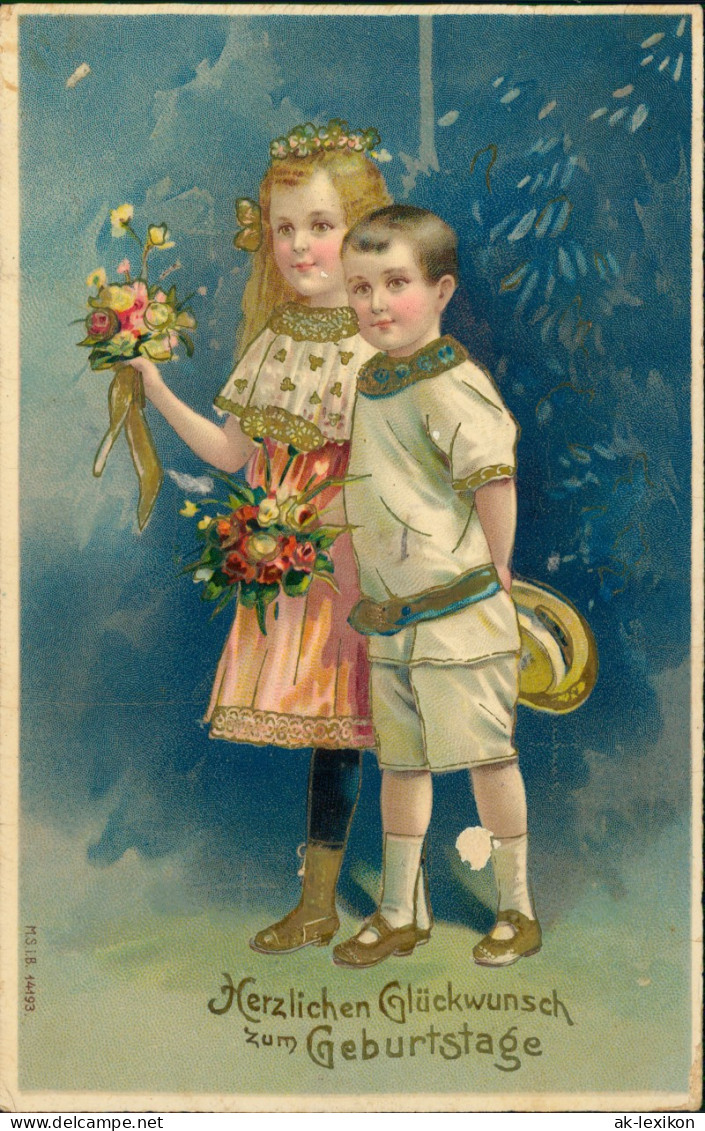 Glückwunsch Geburtstag Birthday Junge Und Mädchen 1910 Goldrand - Anniversaire