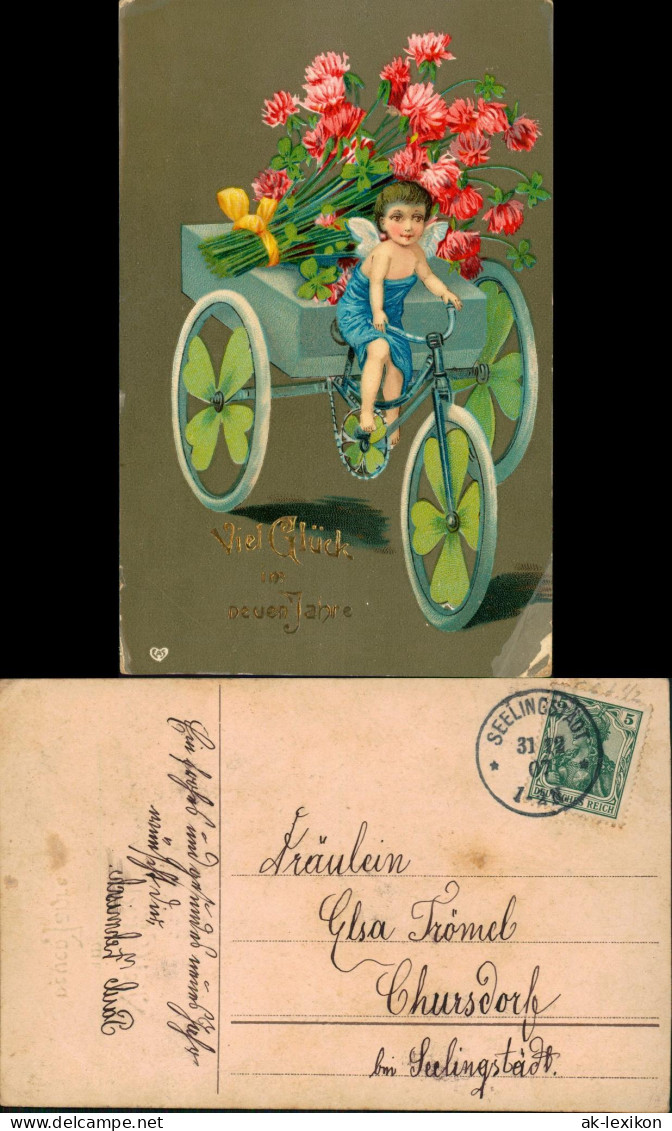 Neujahr Sylvester New Year Engel   Glücksdreirad Kleeblätter  1907 Goldrand - Neujahr