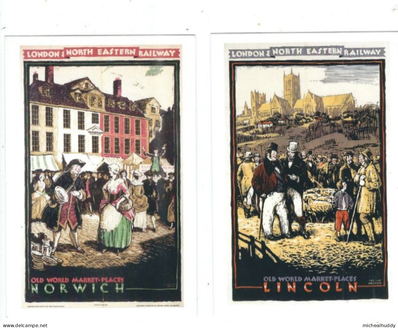 2 POSTCARDS UK RAIL ADVERTISING  LNER OLD WORTLD MARKET PLACES  LINCOLN/ NORWICH - Publicidad