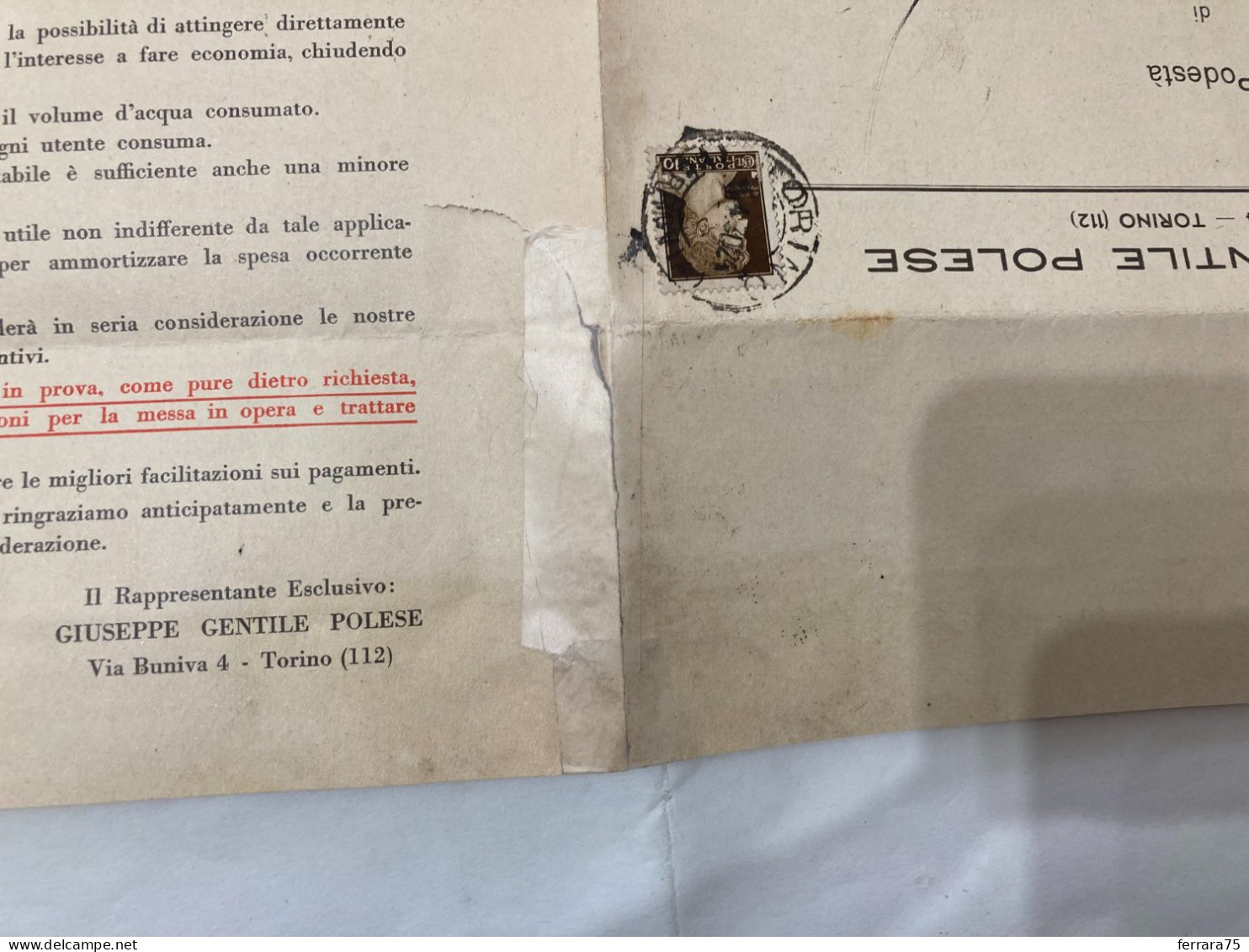 DOCUMENTO STORIA POSTALE SIFOM CONTATORI D'ACQUA VS COSENZA AMANTEA 1935. - Historische Dokumente