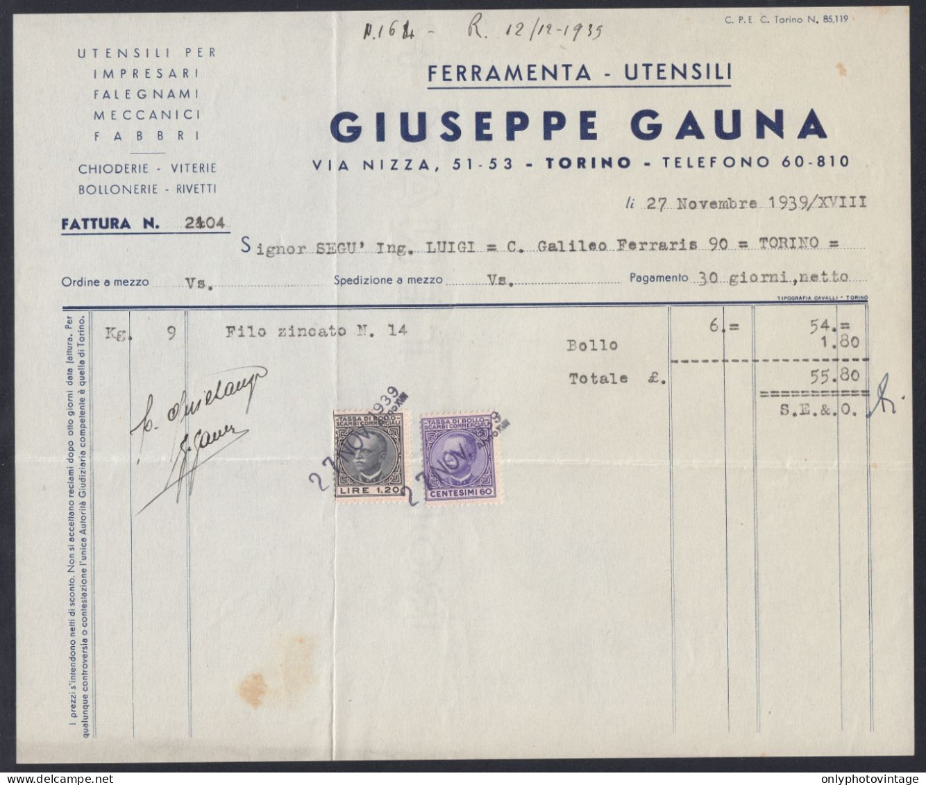 FT0803 Torino 1939, Giuseppe Gauna, Ferramenta, Fattura, Marche Da Bollo, Invoice - Italy