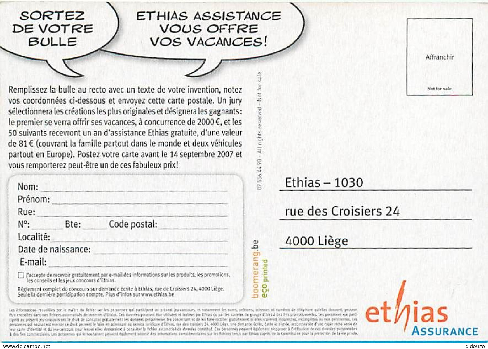 Publicite - Ethias Assurance - Carte Neuve - CPM - Voir Scans Recto-Verso - Reclame