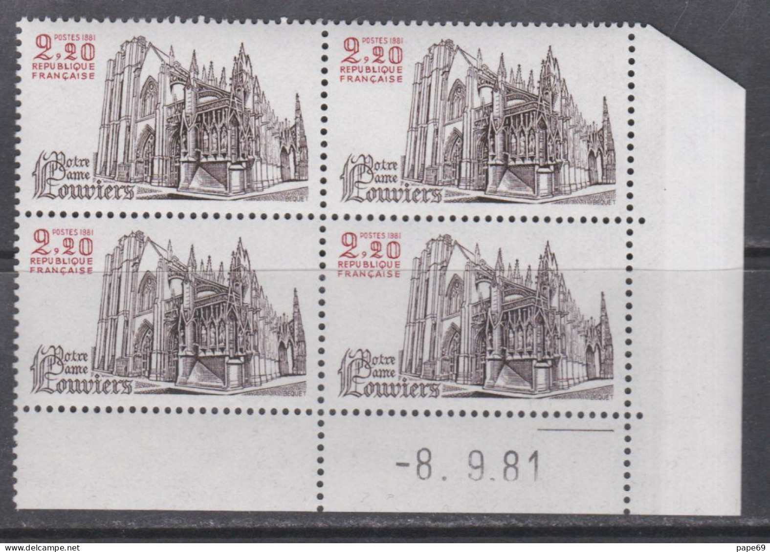 France N° 2161 XX Touristique : Notre-Dame De Louviers En Bloc De 4 Coin Daté Du 8 . 9 . 81 ; 1 Trait, Sans Charnière TB - 1980-1989