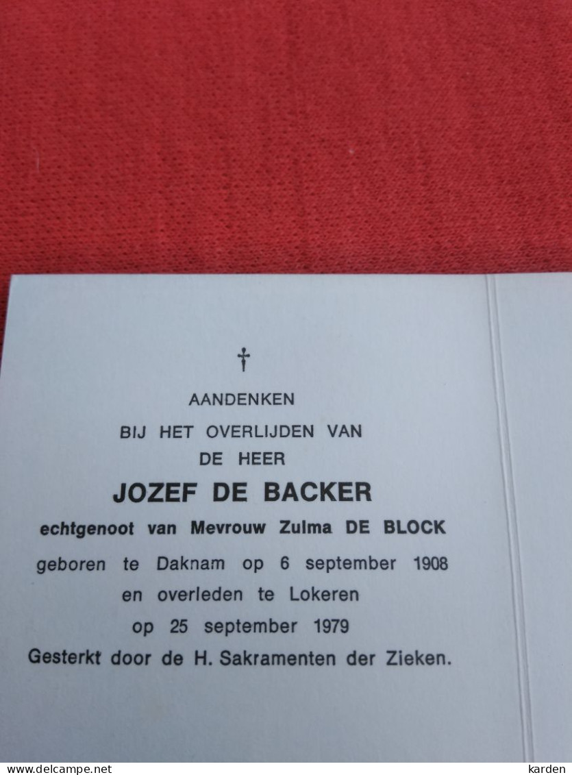 Doodsprentje Jozef De Backer / Daknam 6/9/1906 Lokeren 25/9/1979 ( Zulma De Block ) - Religion & Esotérisme
