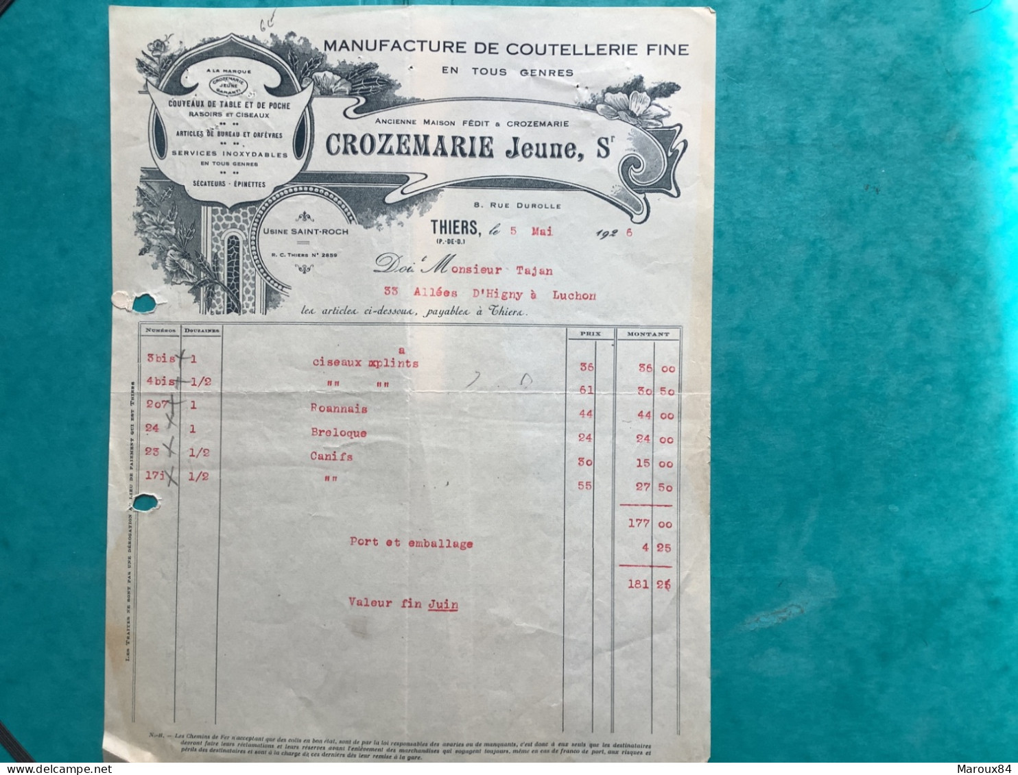 63/ Facture Thiers Manufacture De Coutellerie Fine .crozemarie Jeune,sr 1926 - Straßenhandel Und Kleingewerbe