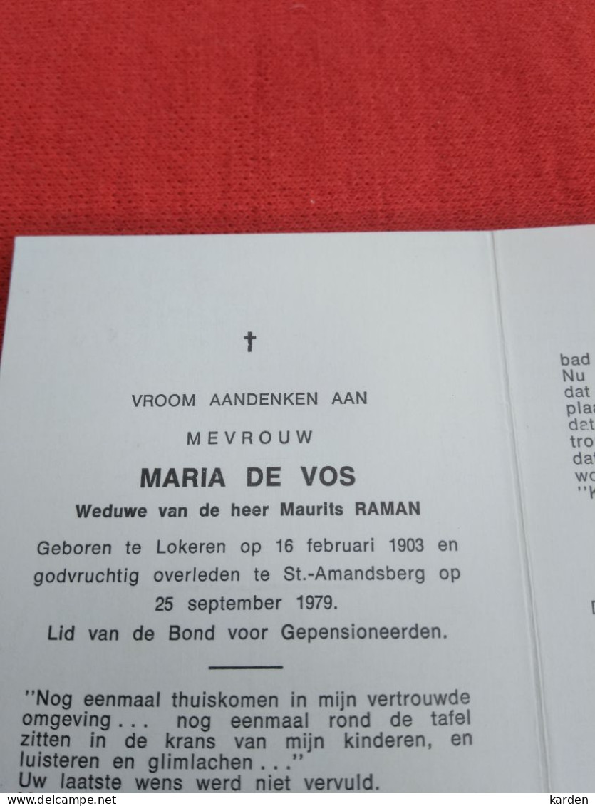 Doodsprentje Maria De Vos / Lokeren 16/2/1903 Sint Amandsberg 25/9/1979 ( Maurits Raman ) - Religion &  Esoterik
