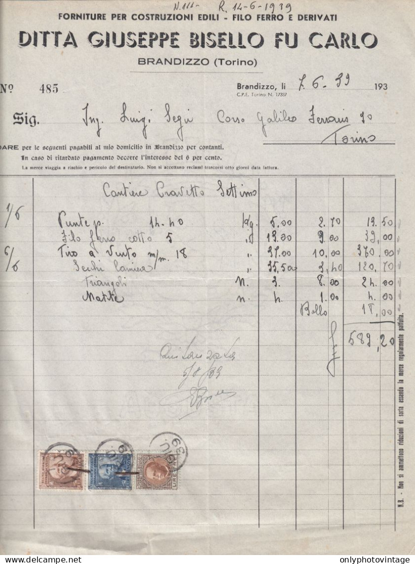 FT0804 Brandizzo (TO) 1939, Ditta Giuseppe Bisello Fu Carlo, Fattura, Marche Da Bollo, Invoice - Italië