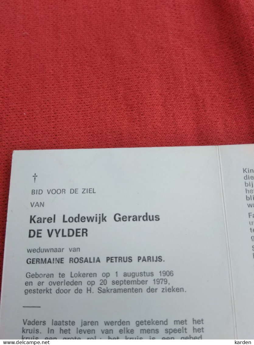 Doodsprentje Karel Lodewijk Gerardus De Vylder / Lokeren 1/8/1906 - 20/9/1979 ( Germaine Rosalia Petrus Parijs ) - Religion & Esotérisme