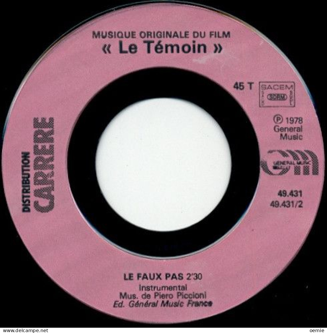 BANDE DE FILM  LE TEMOIN  MUSIQUE DE PIERO PICCIONI - Musique De Films