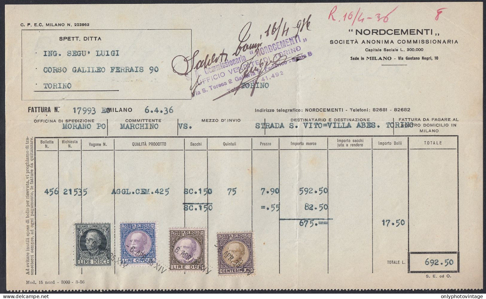 FT0806 Morano Po (AL) 1936, Nordcementi, Fattura, Marche Da Bollo, Invoice - Italy