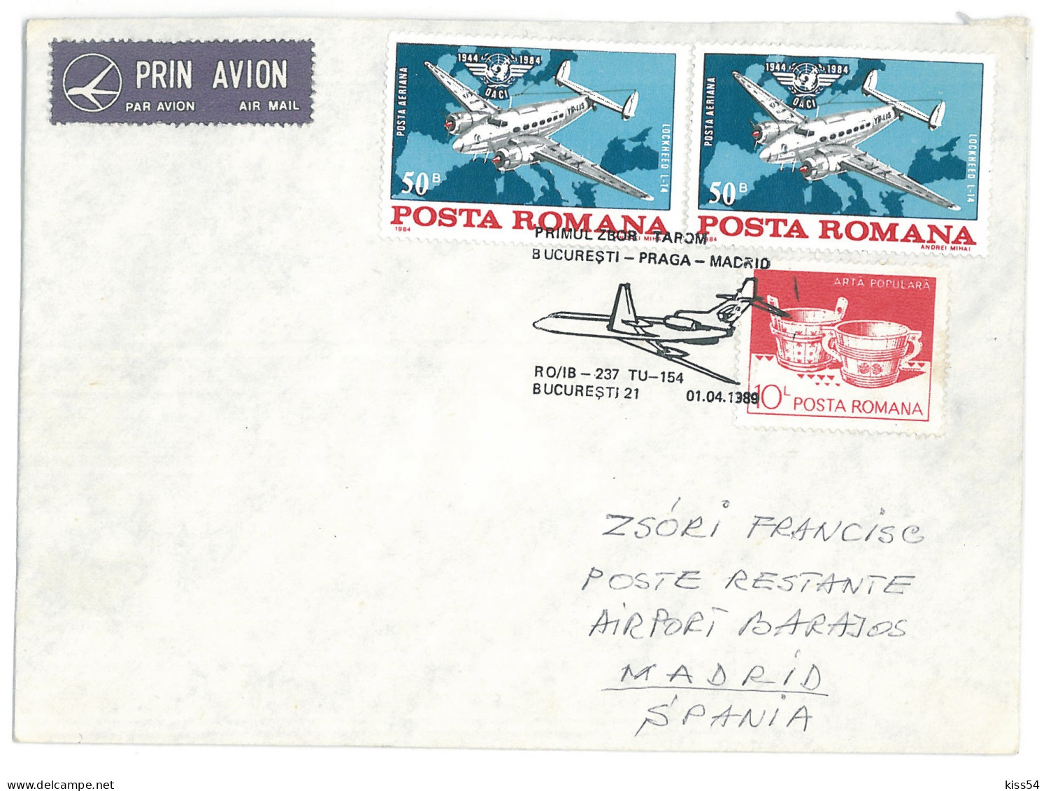 COV 04 - 354-a AIRPLANE, Flight Romania-Spain - Cover - Used - 1989 - Aerei