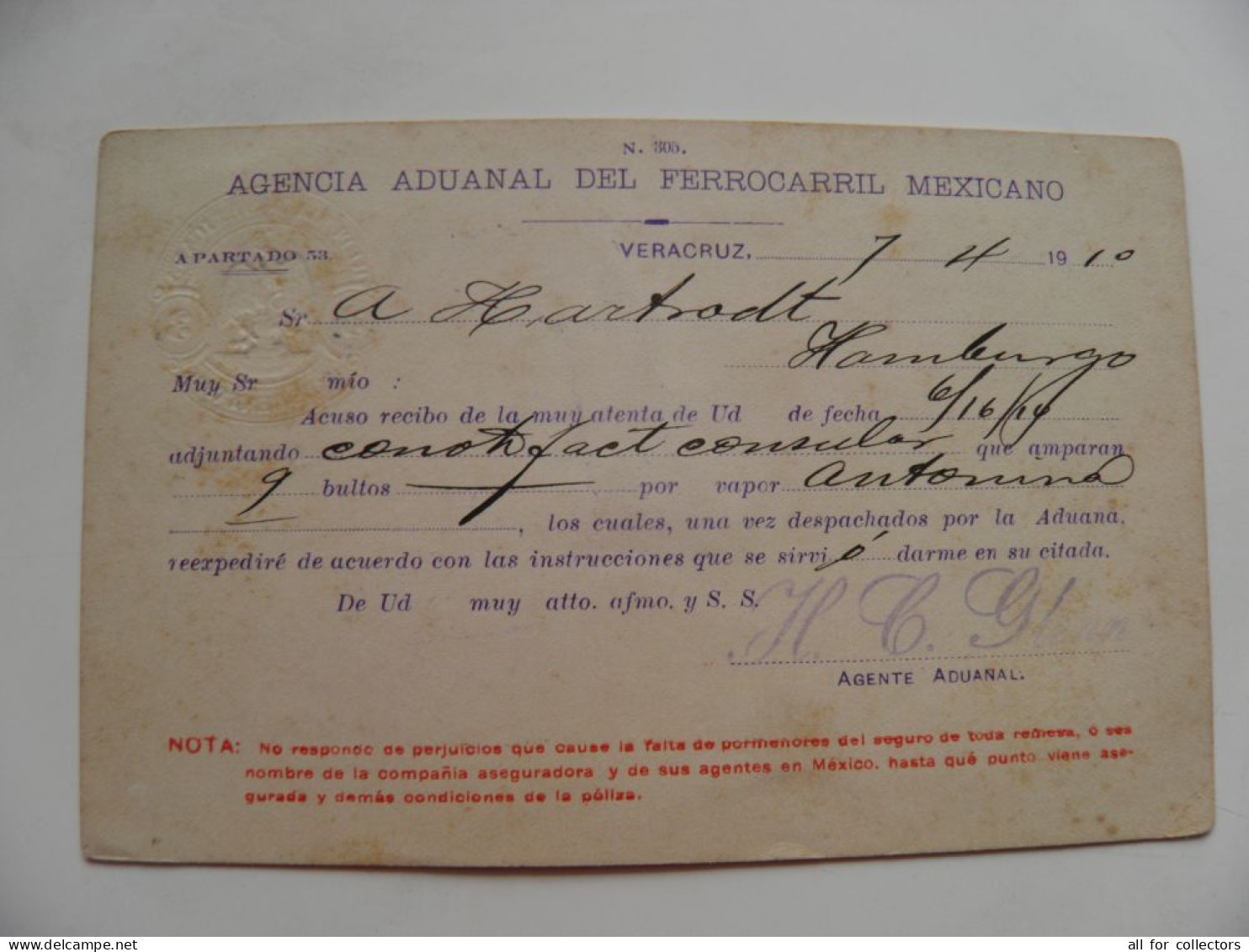 Old Post Card Postal Stamped Stationery Mexico 1910 - Mexico