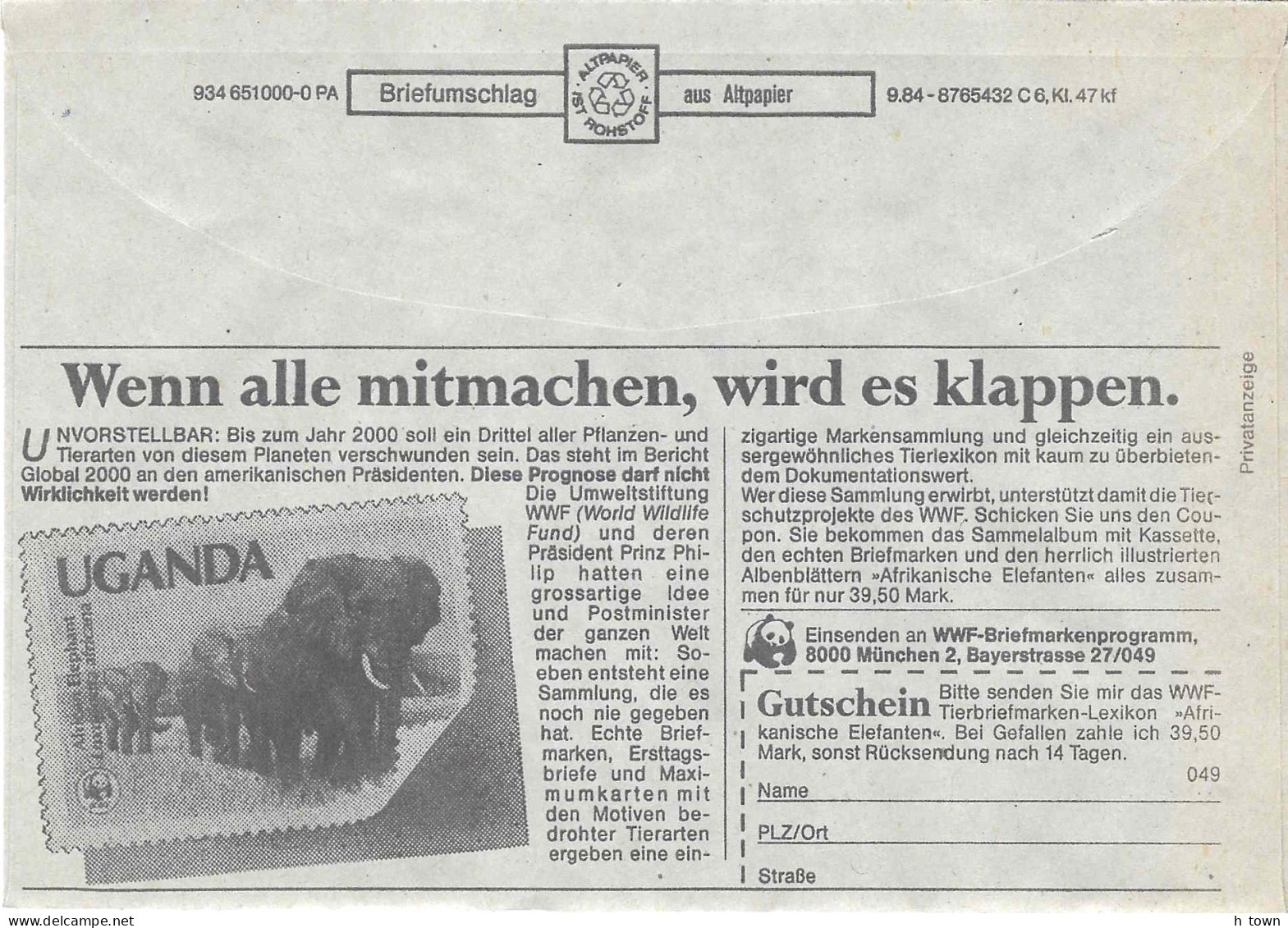 324  Elephant, Timbre, WWF: Env. Port Payée D'Allemagne - Stamp, WWF-Advertising On PP Cover From Germany  - Elephants