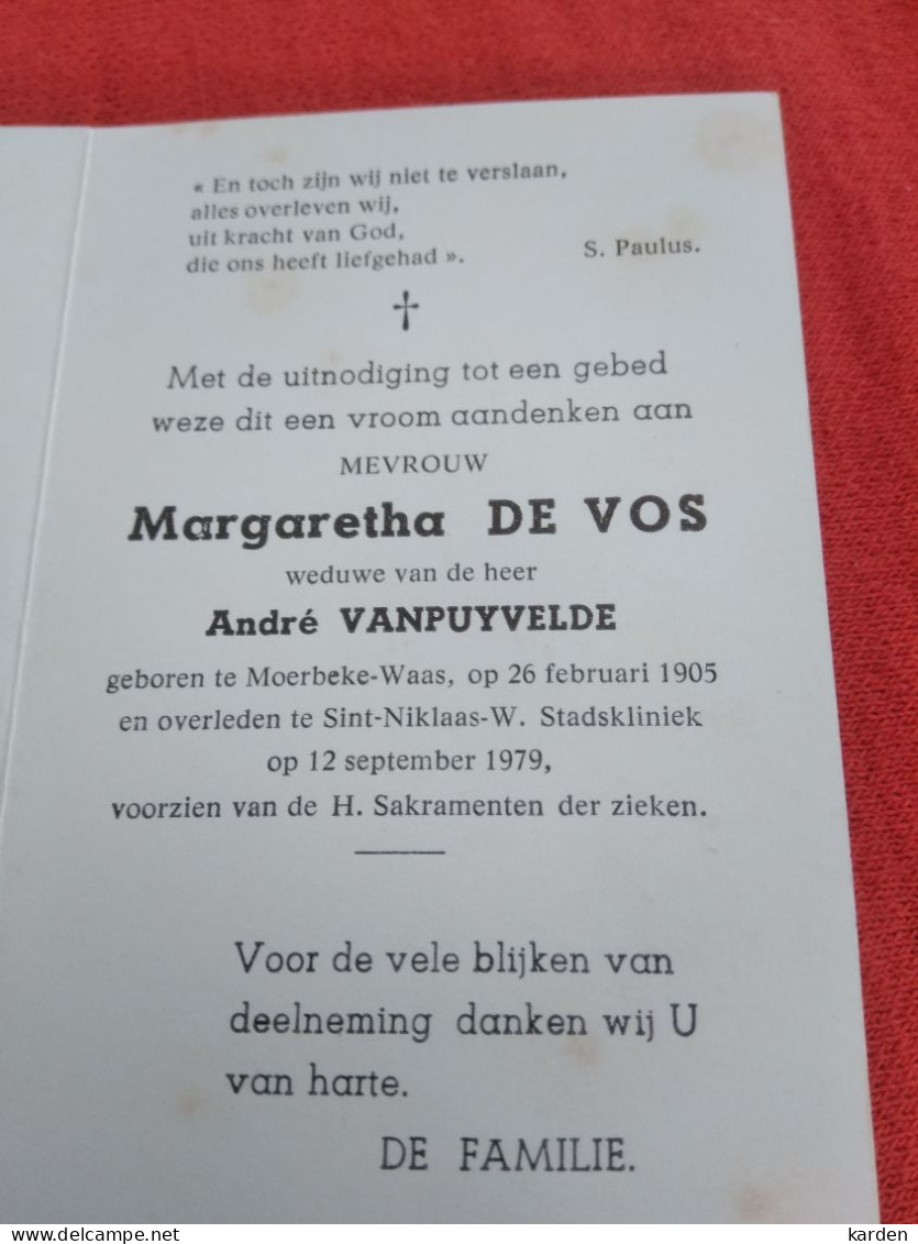 Doodsprentje Margaretha De Vos / Moerbeke Waas 26/2/1905 Sint Niklaas Waas 12/9/1979 ( André Vanpuyvelde ) - Religion & Esotérisme