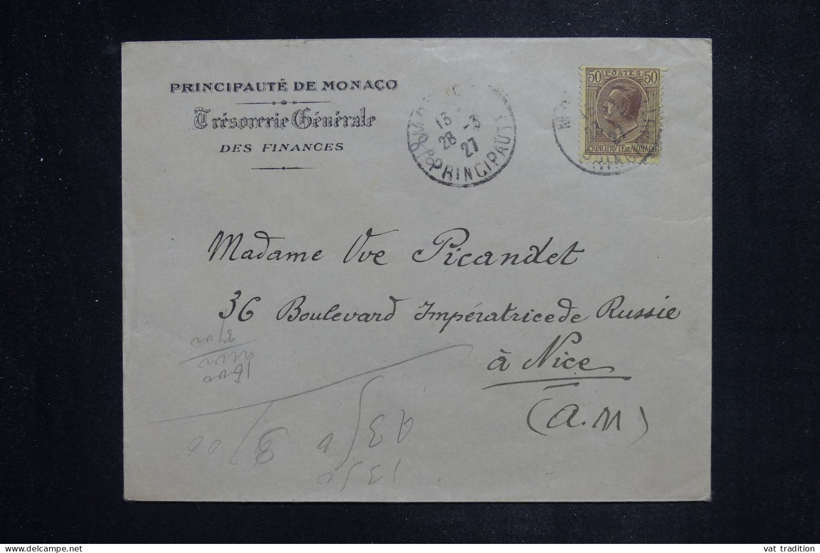 MONACO - Enveloppe De La Trésorerie Générale Pour Nice En 1927  - L 151038 - Brieven En Documenten