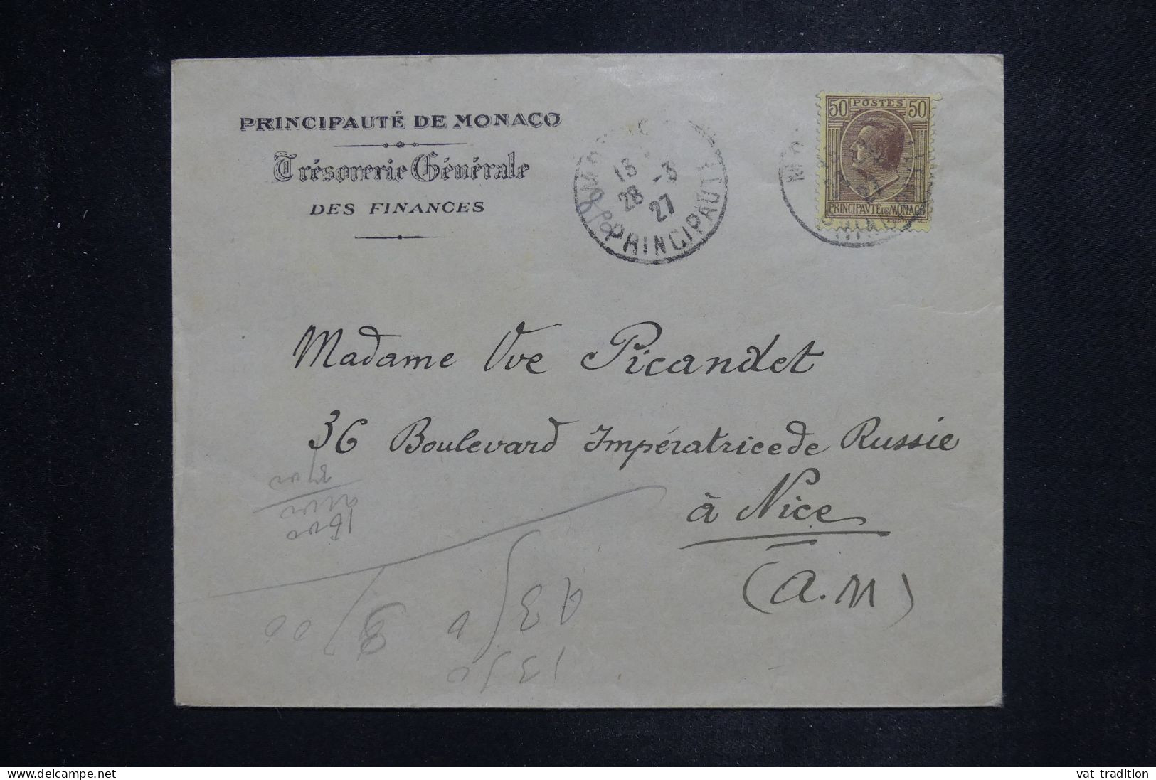 MONACO - Enveloppe De La Trésorerie Générale Pour Nice En 1927  - L 151038 - Lettres & Documents