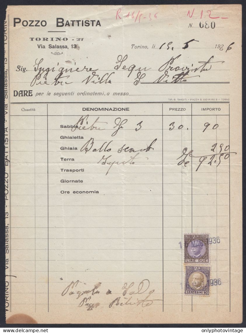 FT0807 Torino 1936, Pozzo Battista, Fattura, Marche Da Bollo, Invoice - Italie