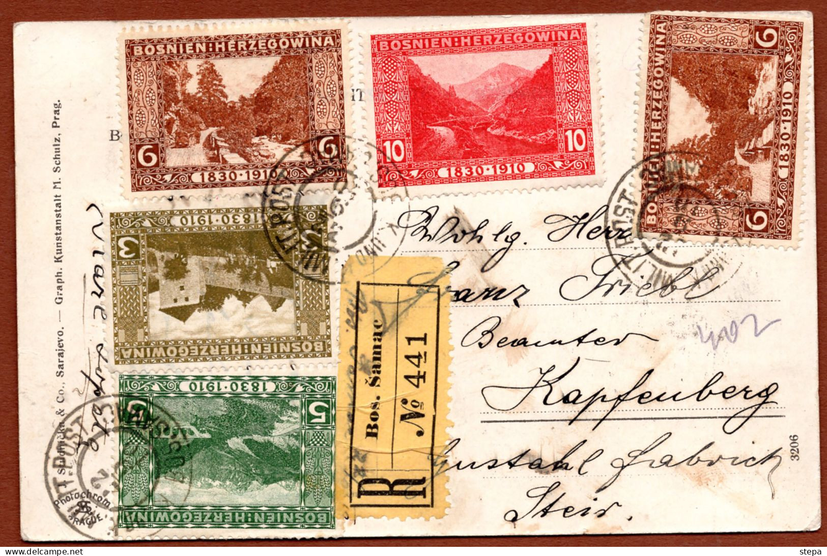 BOSNIA-AUSTRIA, BOSANSKI SAMAC, REGISTERED PPCAR, FRANKED WITH FOUR COLORS, JUBILEE EDITION 1910 RARE!!!!!!!!! - Bosnien-Herzegowina