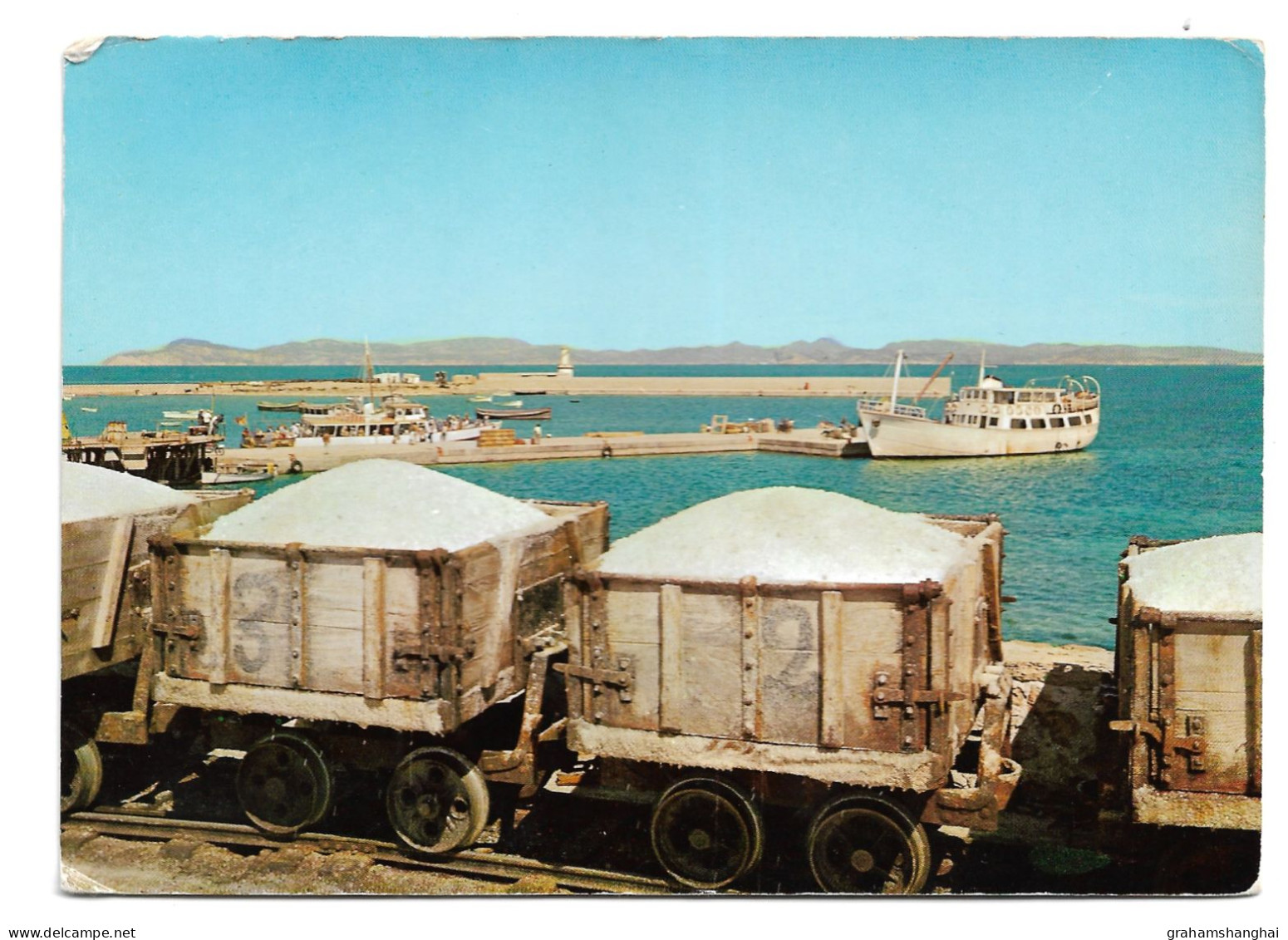 Postcard Spain Belearic Islands Formentera Cala Sabina Harbour & Salt Works Boats Train Unposted 1970s ? - Formentera