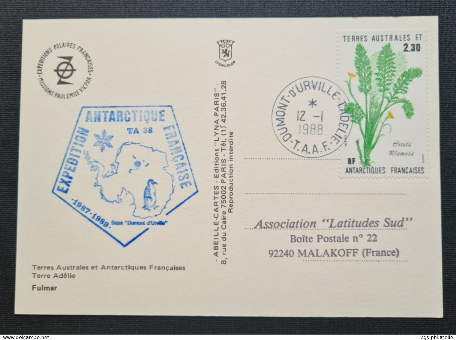TAAF, T Numéro 118 Oblitéré De Terre Adélie Le 12/1/1988 Sur Carte. - Lettres & Documents