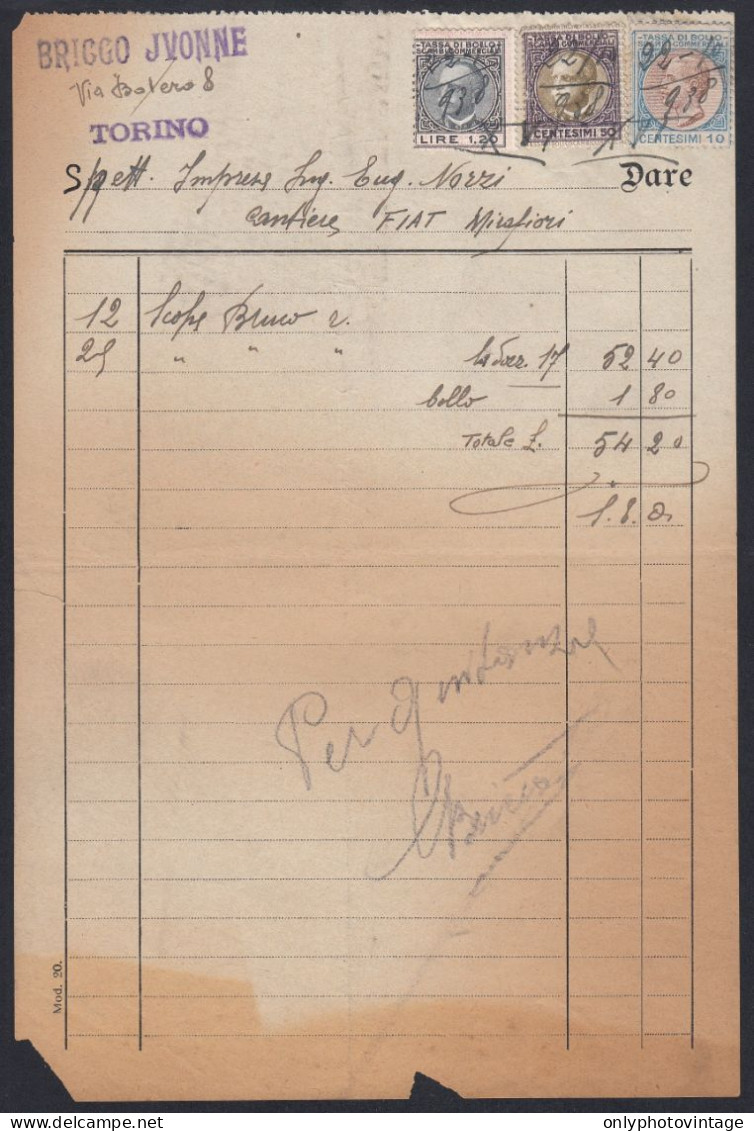 FT0809 Torino 1938, Bricco Jvonne, Fattura, Marche Da Bollo, Invoice - Italie