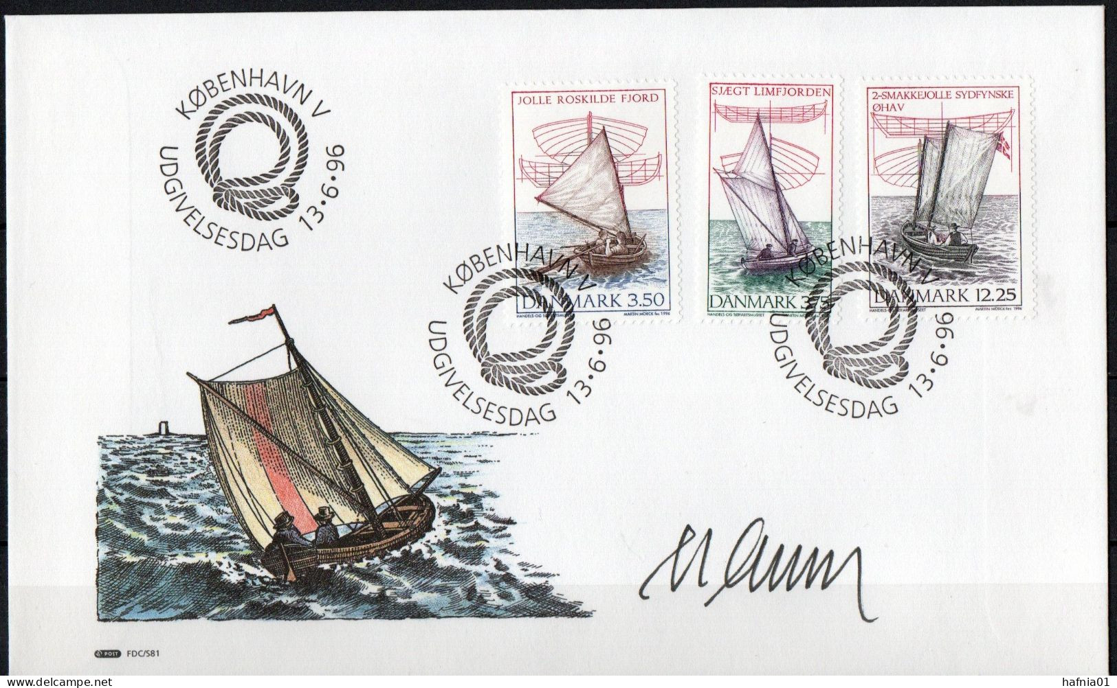 Martin Mörck. Denmark 1996. Danish Wooden Dinghies. Michel 1127 - 1129 FDC. Signed. - FDC