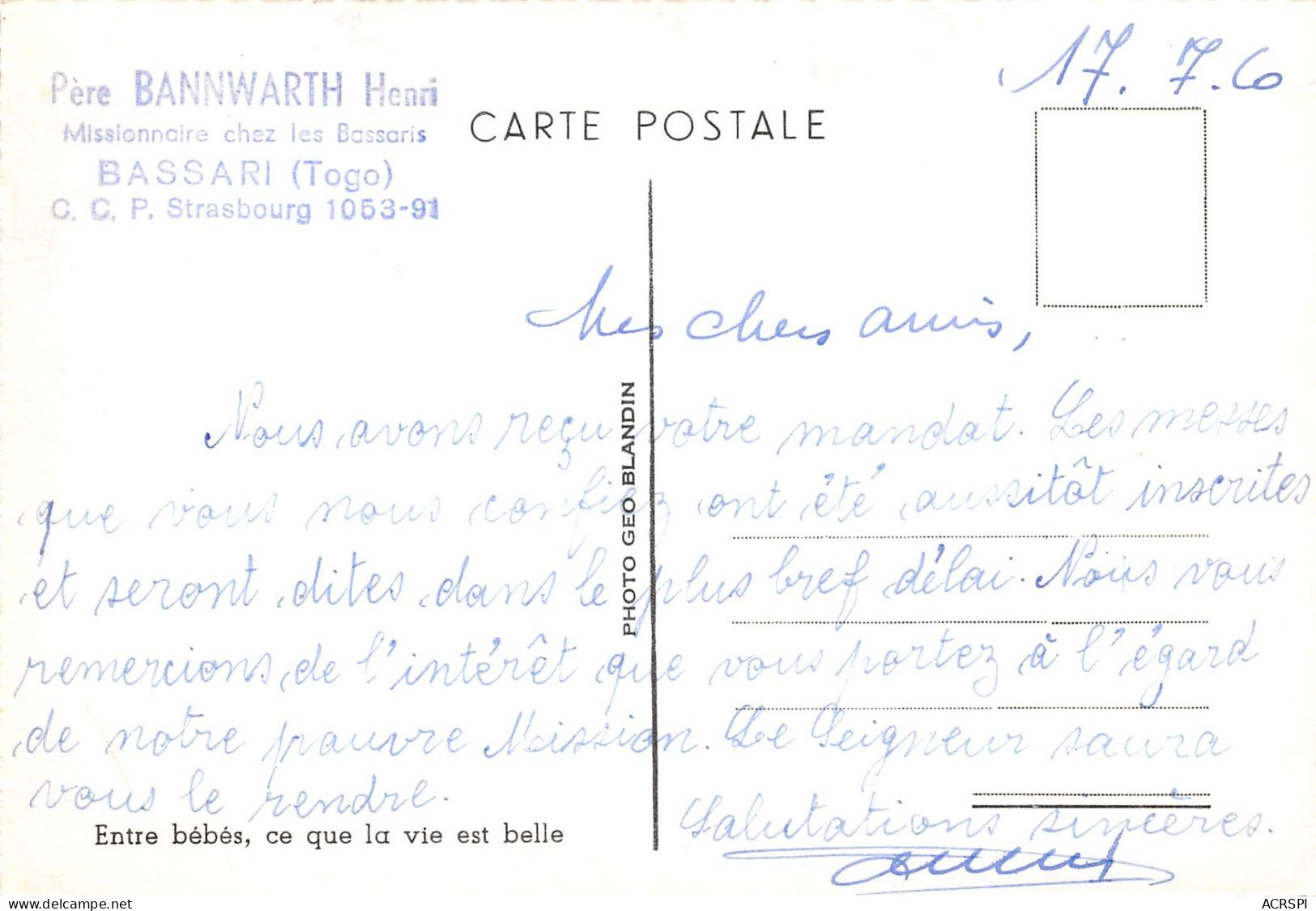 TOGO BASSARI  Père Henri BANNWARTH  34 (scan Recto Verso)ME2646TER - Togo