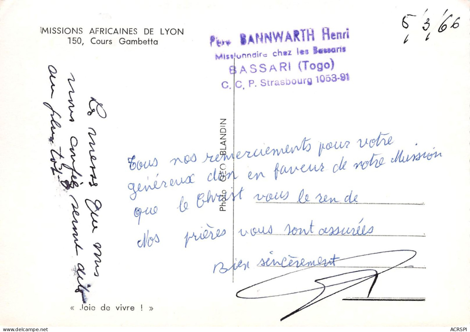 TOGO BASSARI  Père Henri BANNWARTH  Missionnaire  36 (scan Recto Verso)ME2646TER - Togo