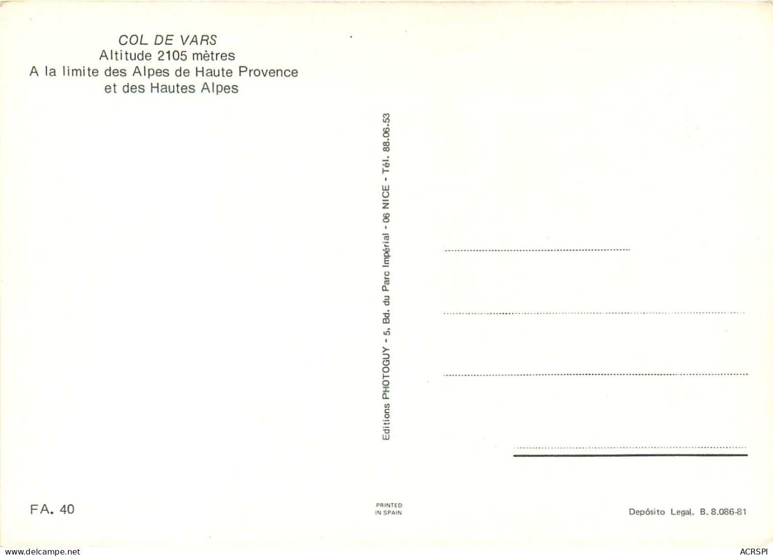 COL DE VARS A La Limite Des Alpes De Haute Provence 17(scan Recto Verso)ME2659 - Autres & Non Classés