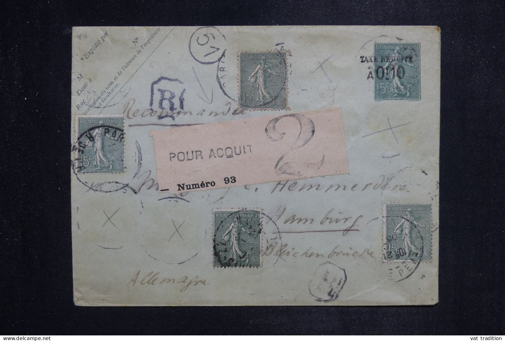 FRANCE - Entier Postal Surchargé + Compléments De Paris En Recommandé Pour L'Allemagne En 1906  - L 151044 - Enveloppes Types Et TSC (avant 1995)