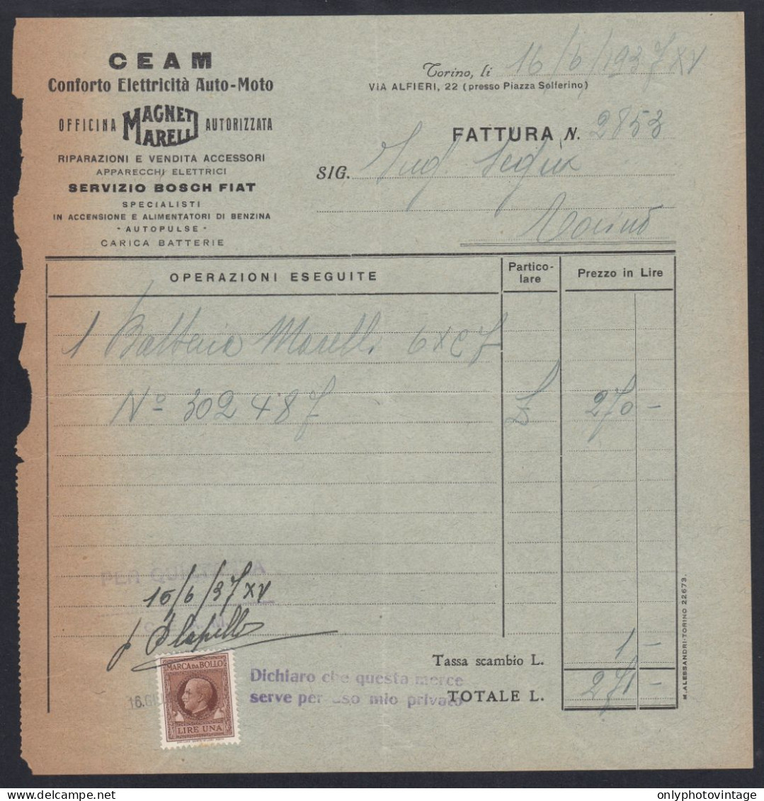 FT0810 Torino 1937, CEAM Officina Autorizzata Magneti Marelli, Fattura, Marche Da Bollo, Invoice - Italië