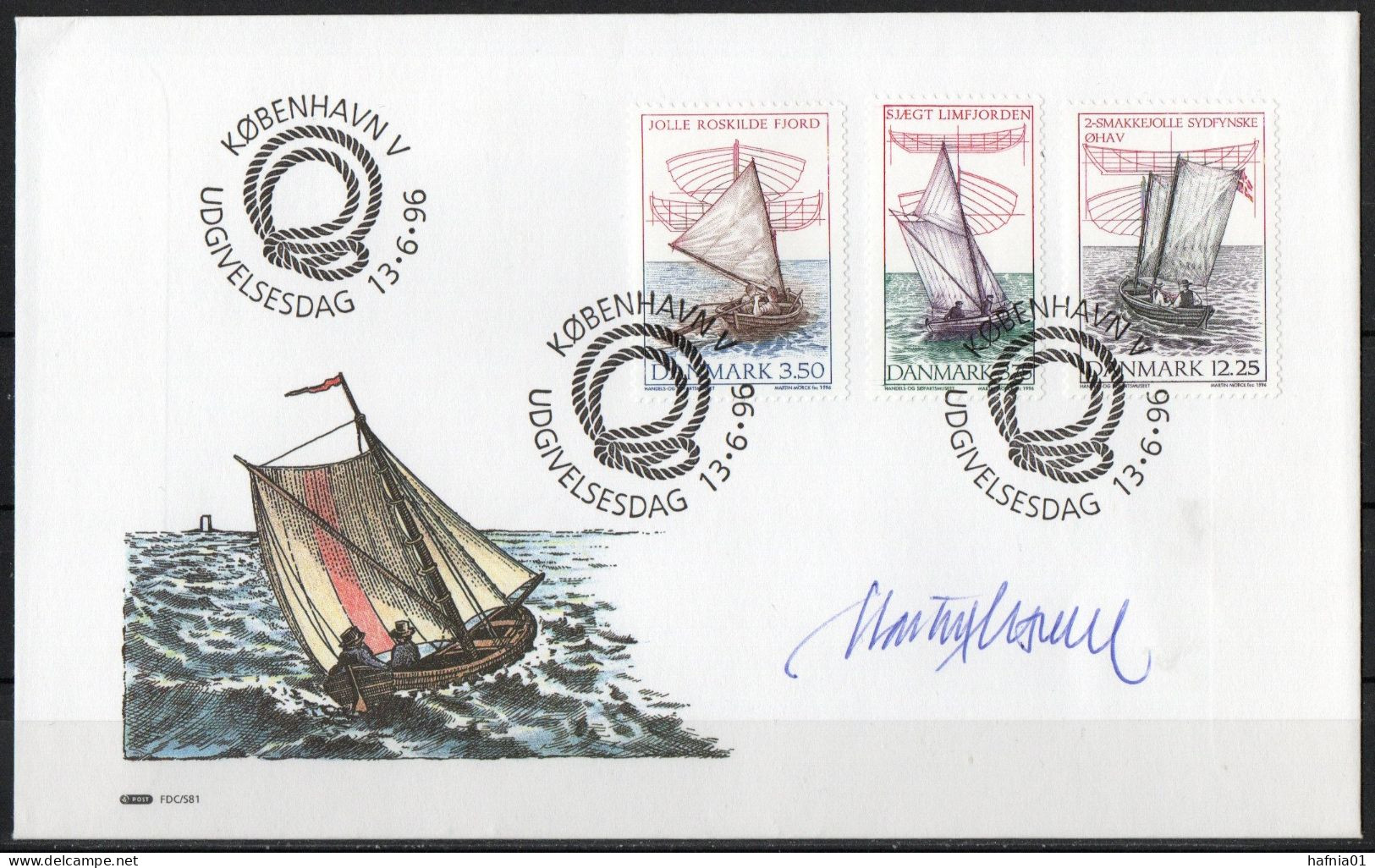 Martin Mörck. Denmark 1996. Danish Wooden Dinghies. Michel 1127 - 1129 FDC. Signed. - FDC