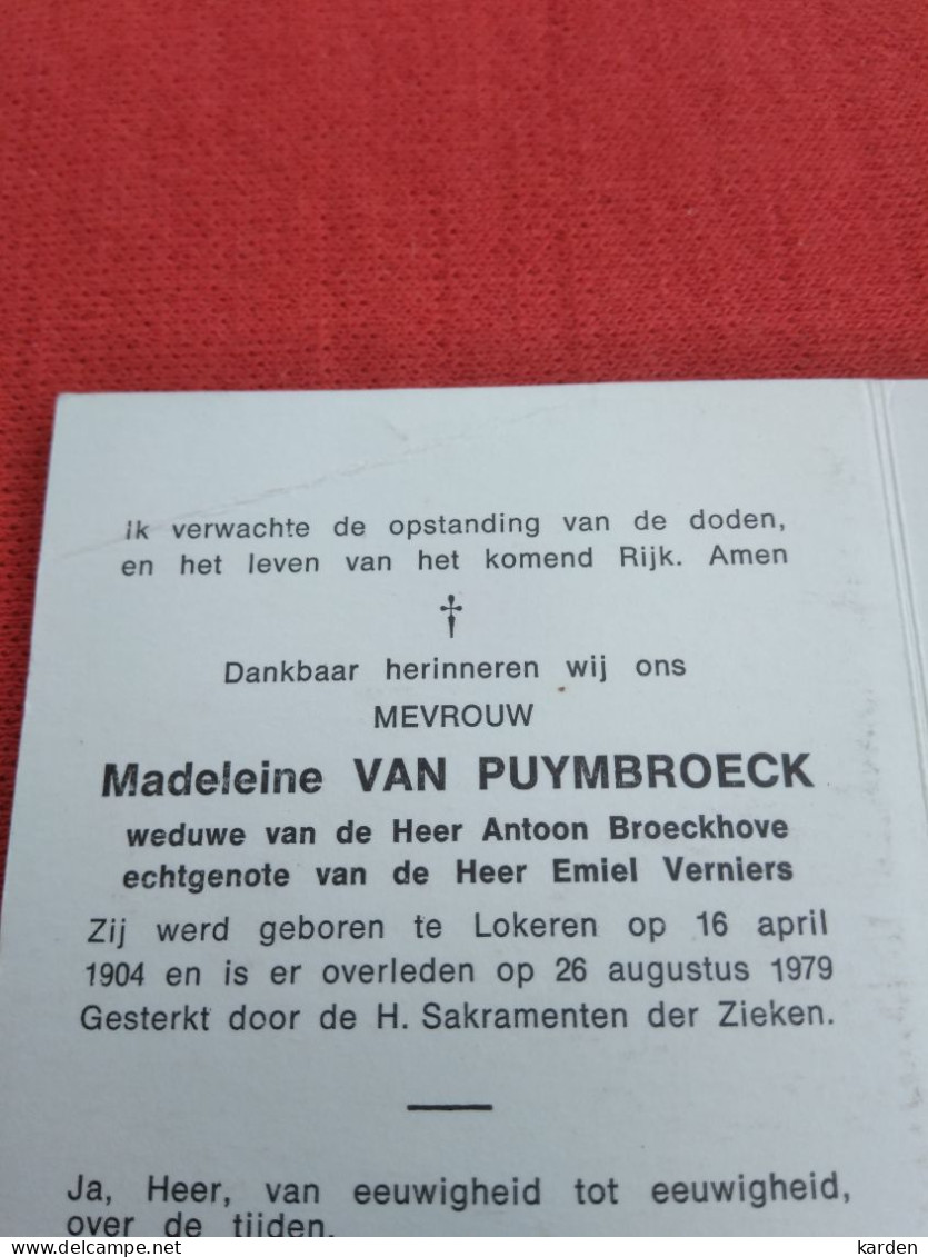 Doodsprentje Madeleine Van Puymbroeck / Lokeren 16/4/1904 - 26/8/1979 ( Antoon Broeckhove / Emiel Verniers ) - Religion & Esotérisme
