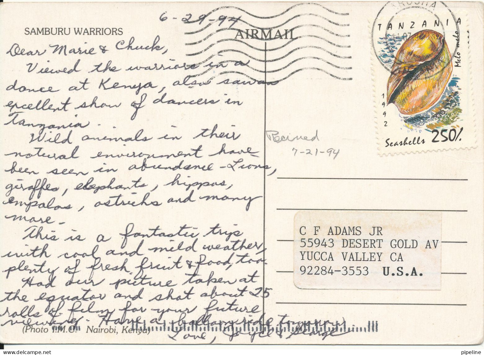 Tanzania Postcard Sent To USA 11-7-1994 (Samburu Warriors) - Tansania