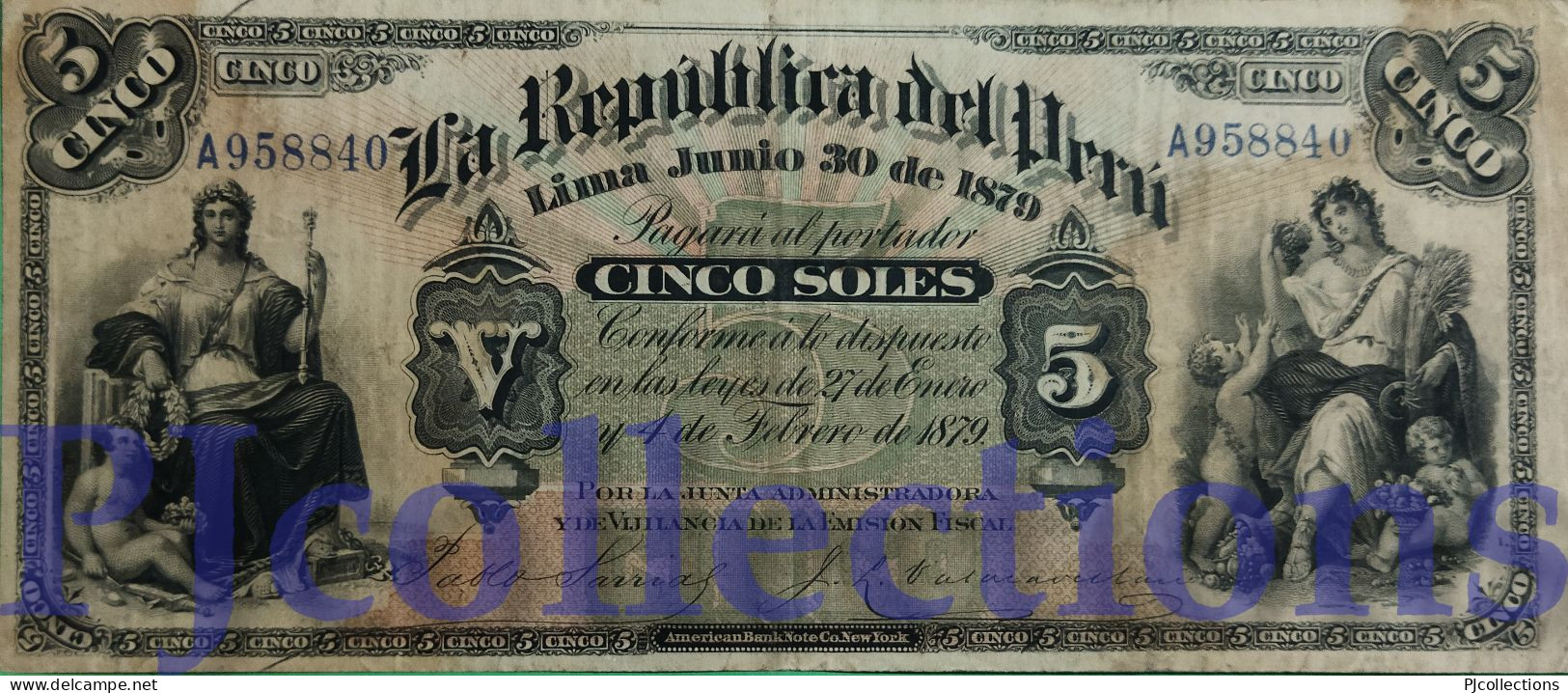 PERU 5 SOLES 1879 PICK 4 XF PREFIX "A" RARE - Pérou