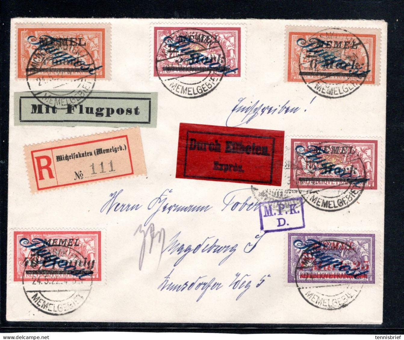 Memel  ,1922 , Rare " MICHELSAKUTEN -24.5.22 "claire , Lettre Recomm , Expres Et  Avion , 6 Valeurs Pour Allem.   #1736 - Covers & Documents