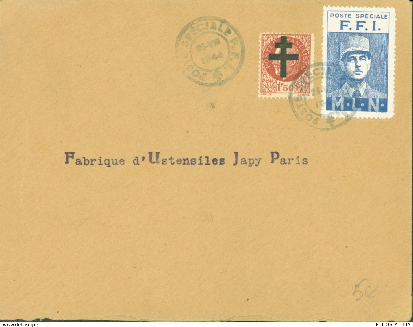 Guerre 40 Paris Pétain YT N°517 Surcharge Croix De Lorraine Vignette De Gaulle Poste Spéciale FFI MLN - Guerra De 1939-45