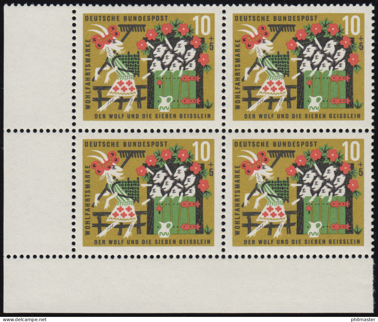 408 Wohlfahrt Grimm 10+5 Pf Sieben Geißlein ** Eck-Vbl U.l. Zähnung Dg-0 - Unused Stamps