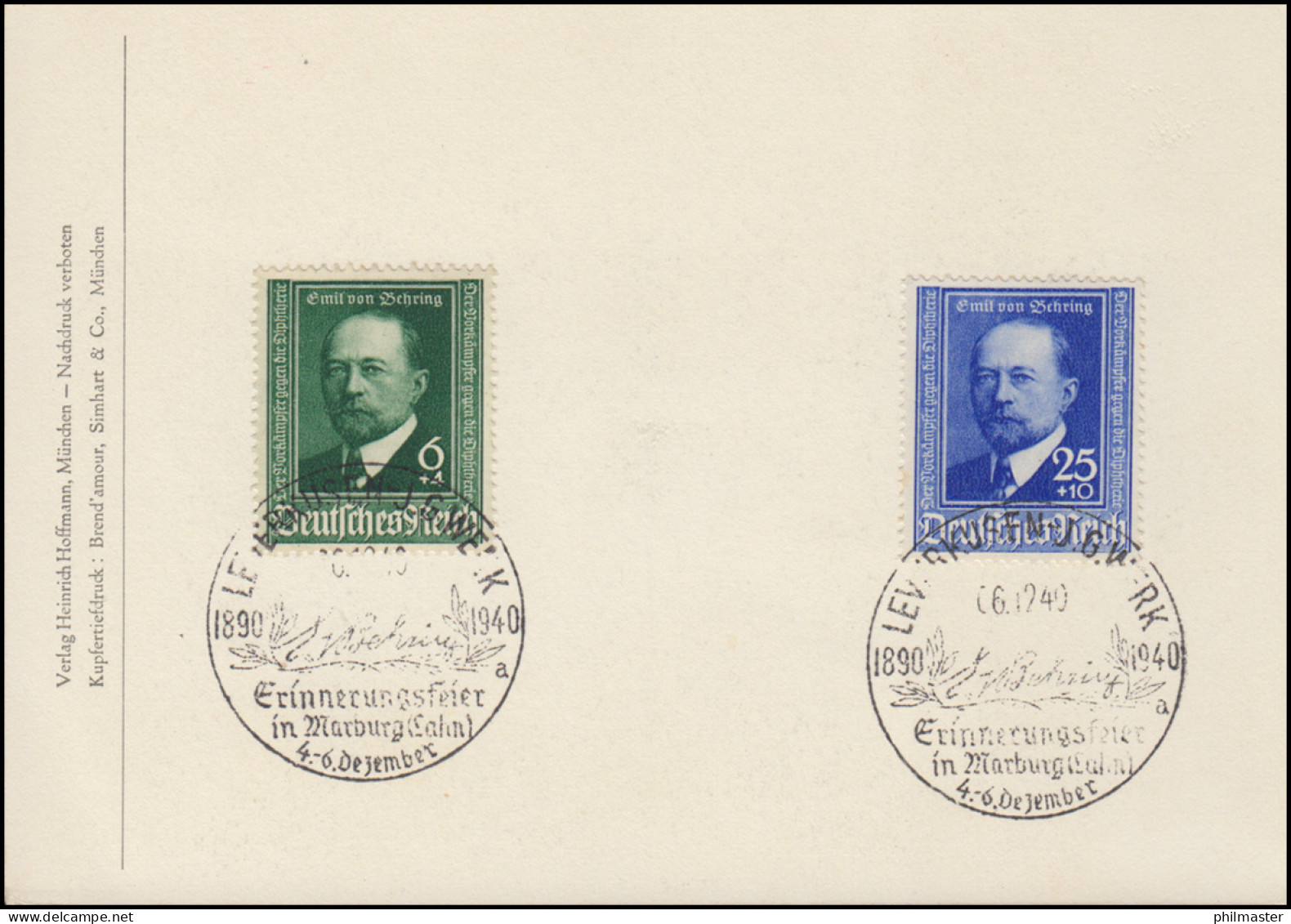 760-761 Emil Von Behring 1940 Auf Ansichtskarte Behring SSt LEVERKUSEN 6.12.1940 - Geneeskunde