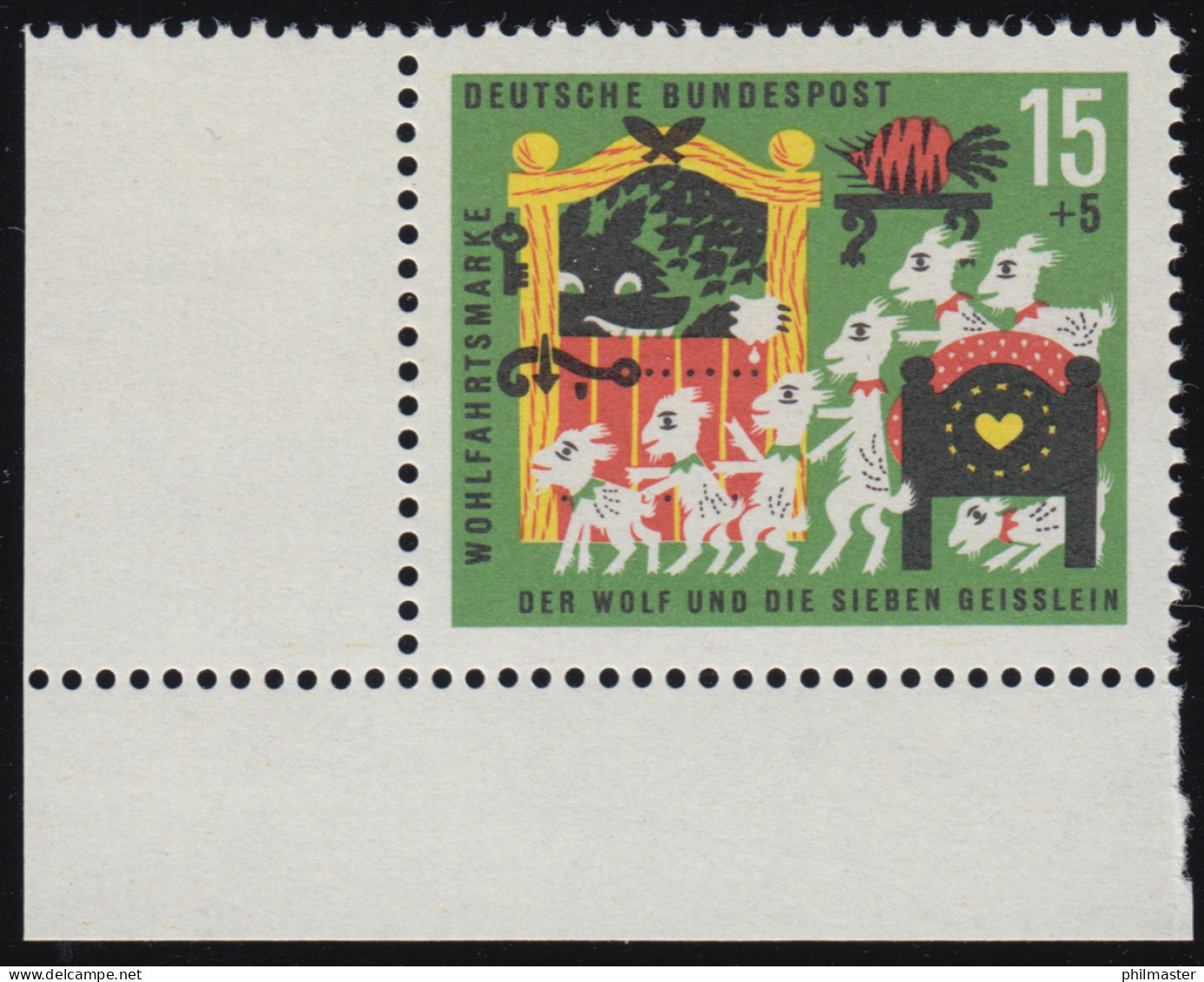 409 Wohlfahrt Grimm 15+5 Pf Sieben Geißlein ** Ecke U.l. Zähnung Dg-0 - Unused Stamps