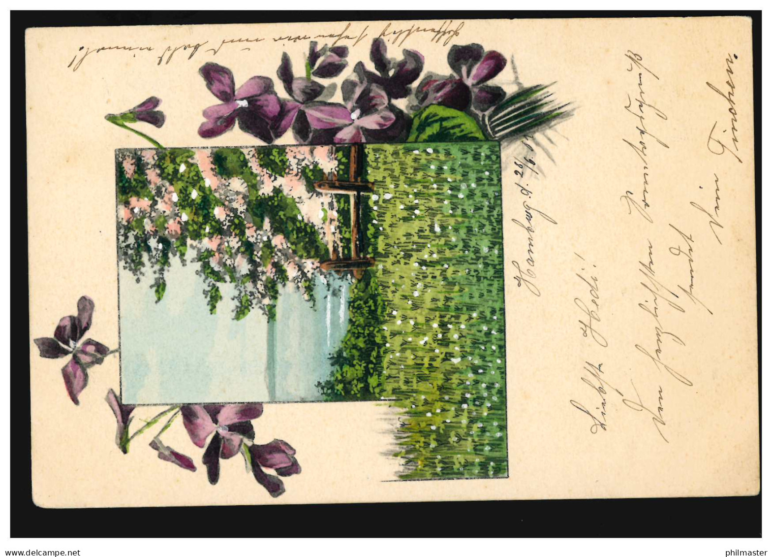 Blumen-AK Landschaftsbild Mit Veilchengirlande, Ortspostkarte HAMBURG 28.6.1902 - Sonstige & Ohne Zuordnung