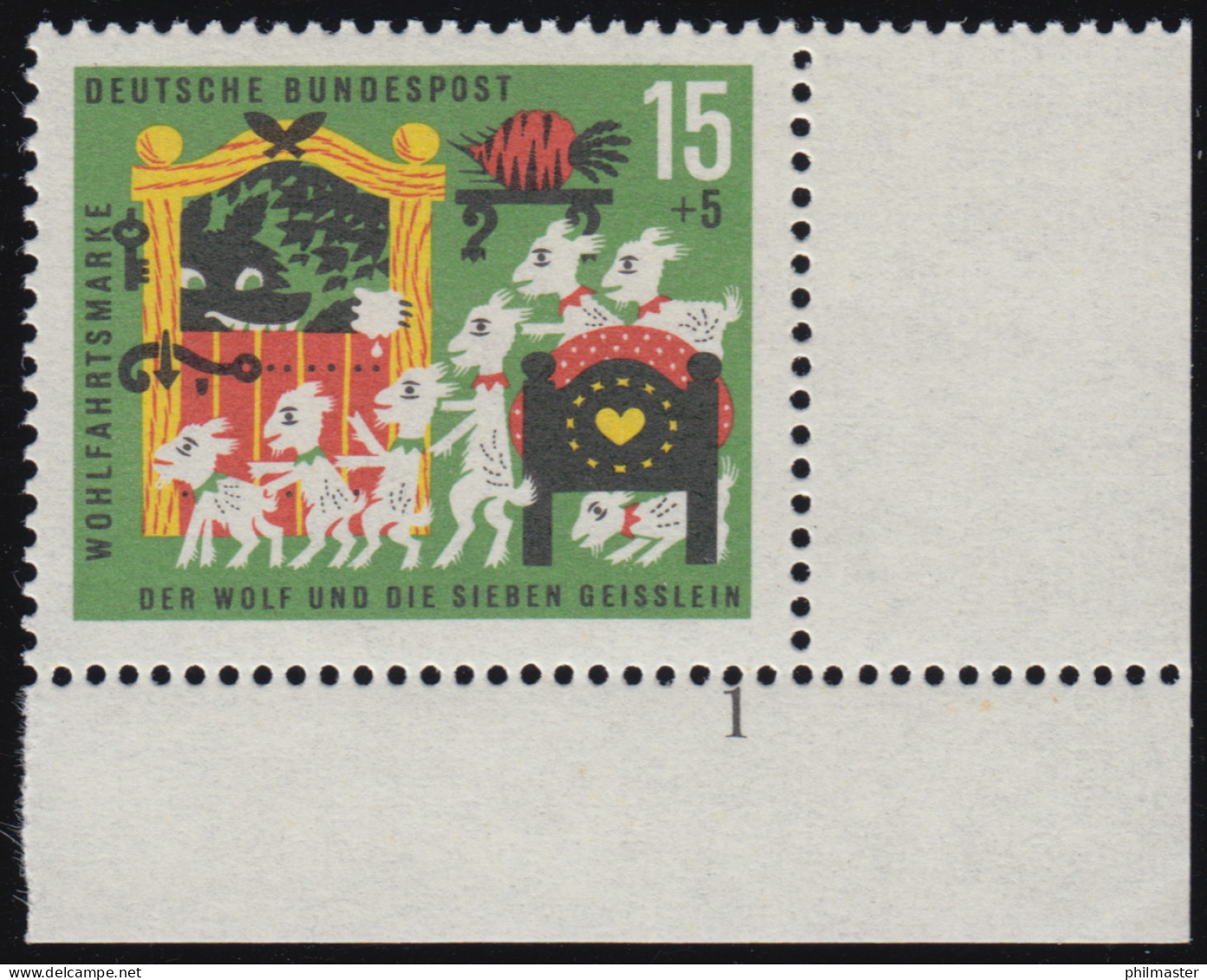 409 Wohlfahrt Grimm 15+5 Pf Sieben Geißlein ** FN1 - Unused Stamps