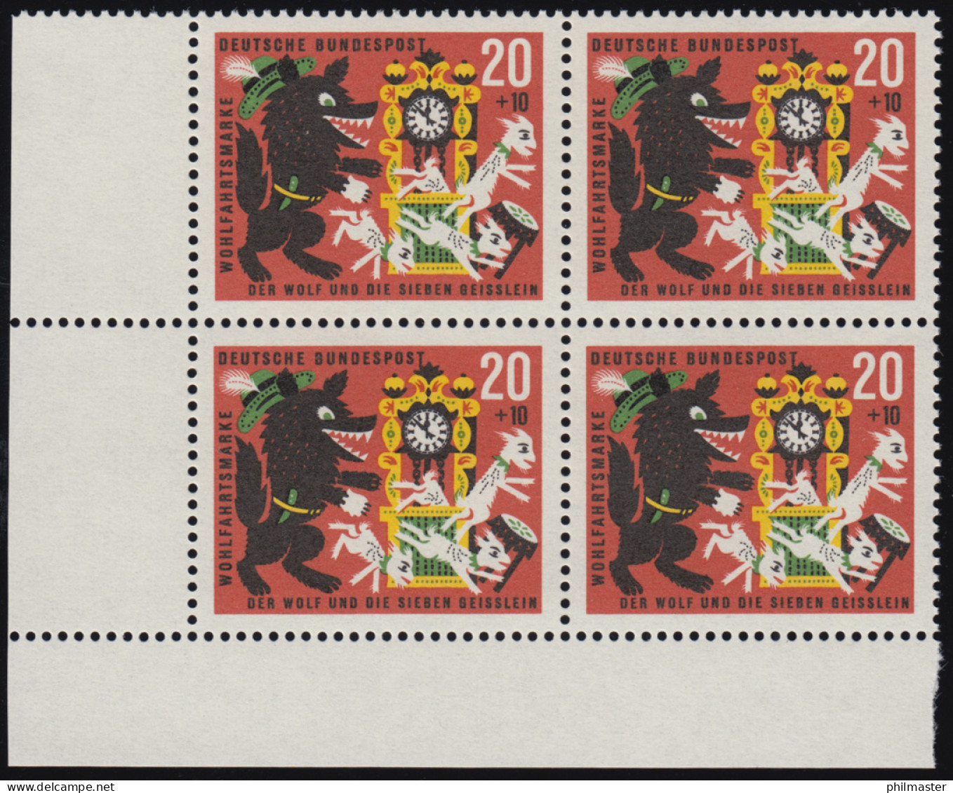 410 Wohlfahrt Grimm 20+10 Pf Sieben Geißlein ** Eck-Vbl U.l. Zähnung Dg-0 - Unused Stamps